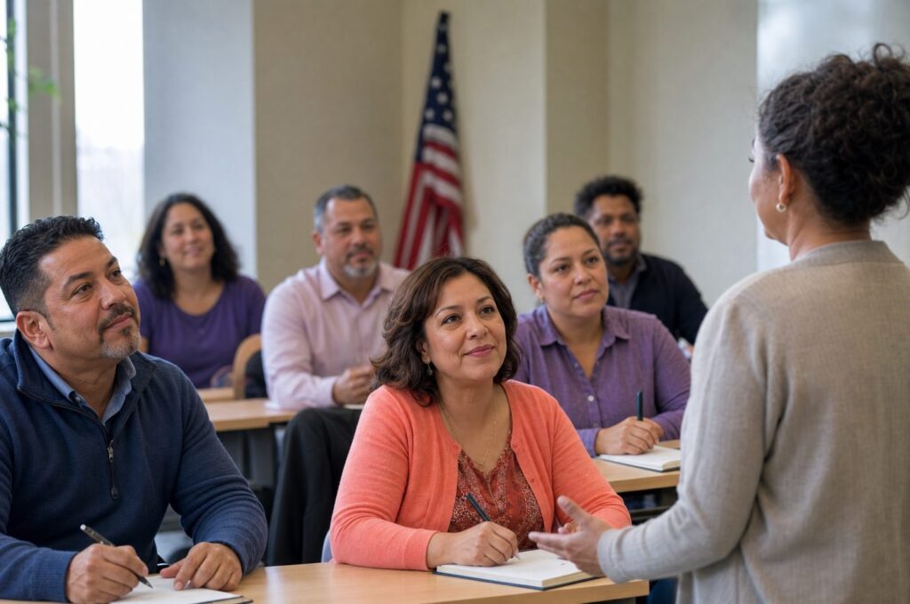 Employees attending an on-site civics and citizenship training class