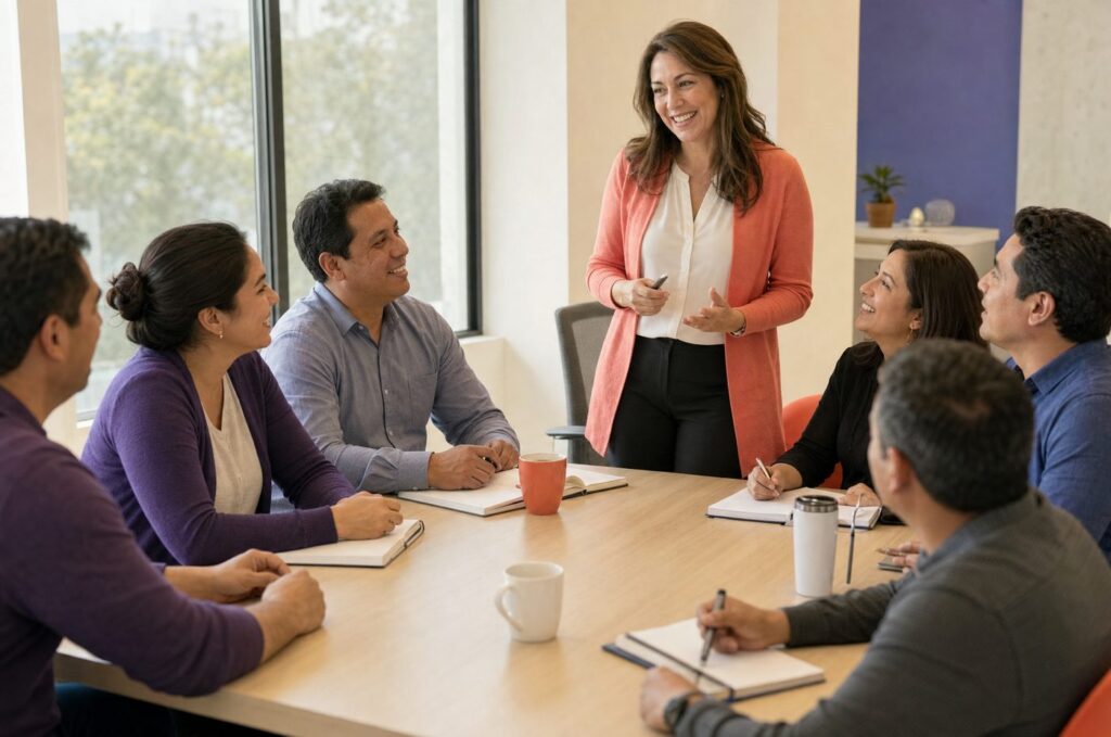 Instructor leading an on-site corporate ESL training class for employees at a North Atlanta workplace