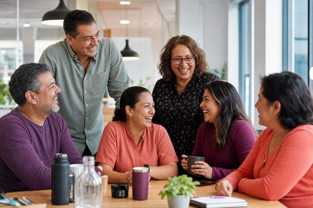 Diverse workplace team collaborating during cross-cultural communication training