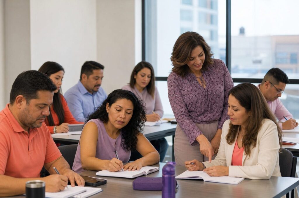 Small-group customized English class with role-based learning paths for employees