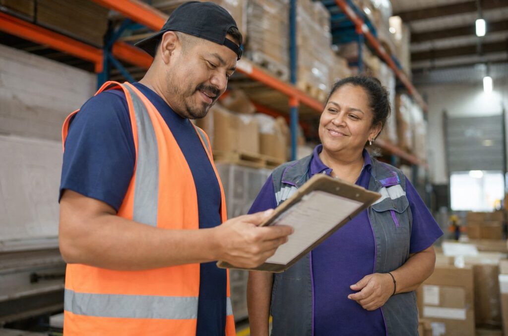 Warehouse worker confidently reading safety procedures after industrial English training