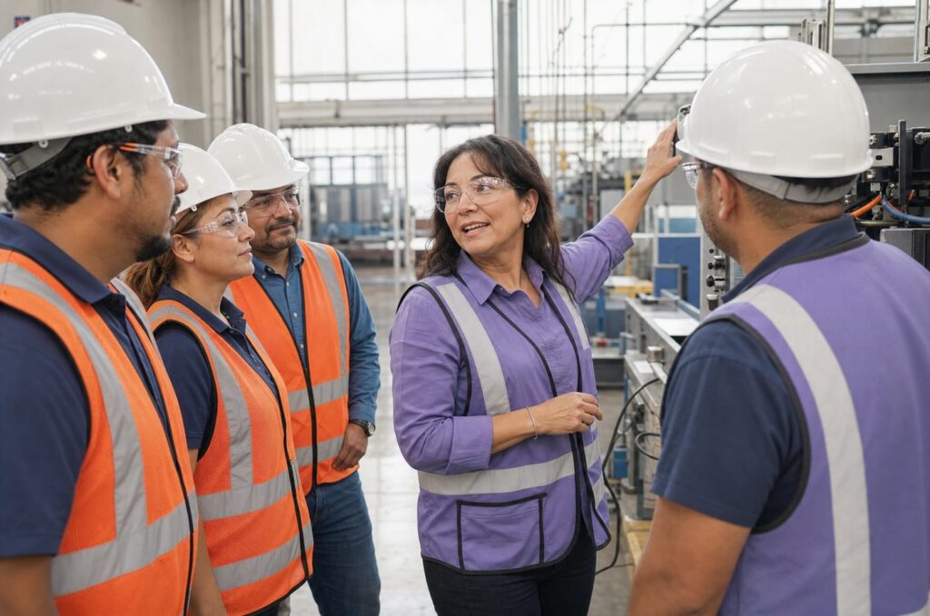 Bilingual instructor teaching safety English to manufacturing workers on the production floor