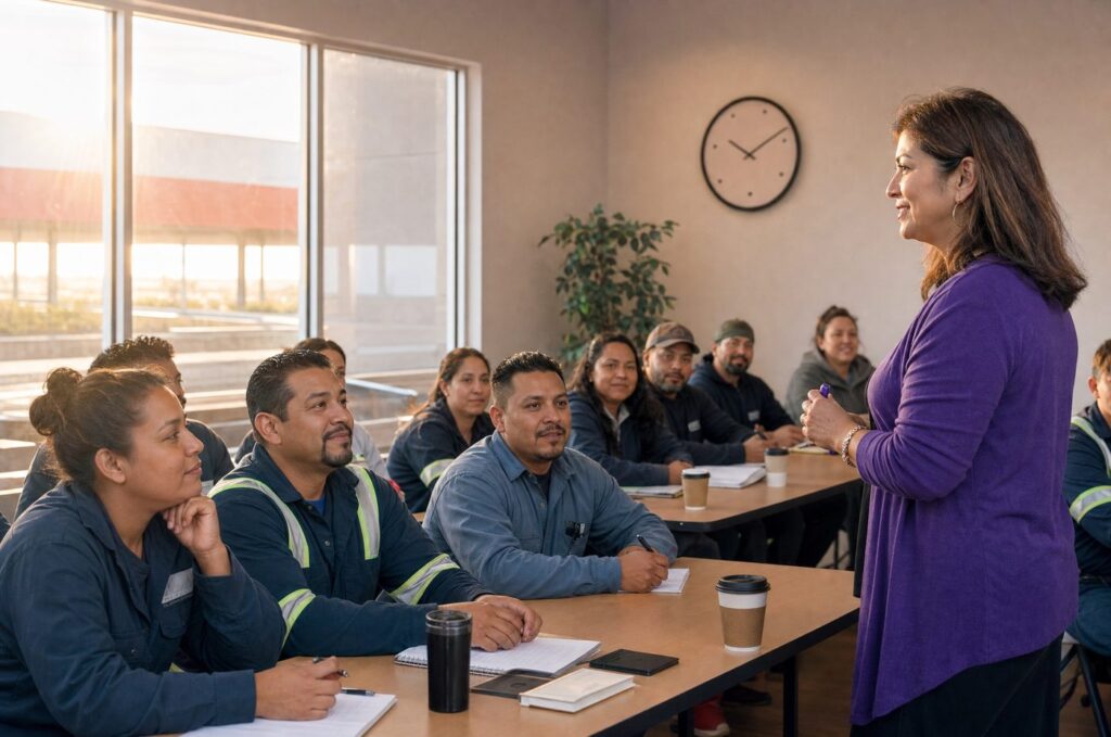 Early-shift employees attending flexible on-site English training before work