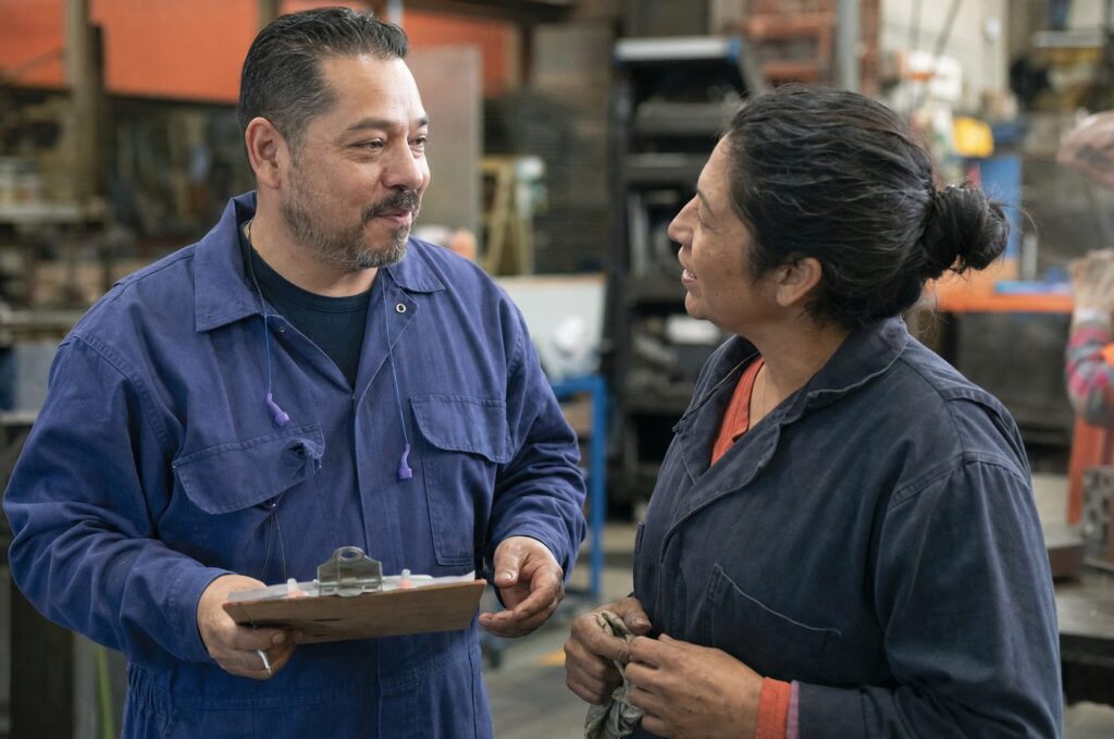 Coworkers using clear workplace English during a shift handoff after on-site training