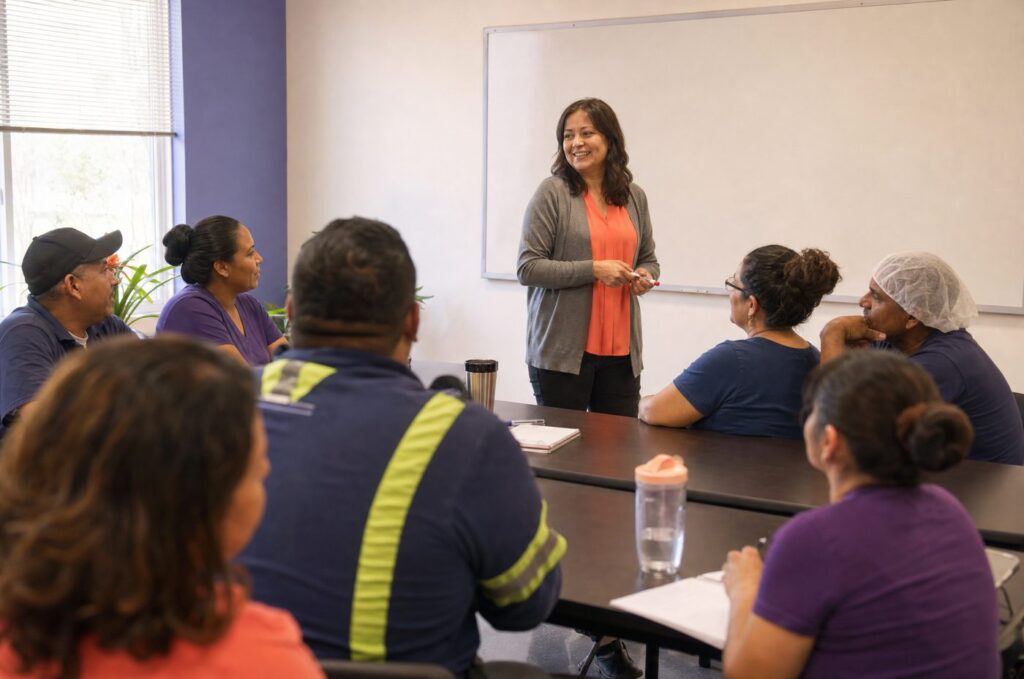 Frontline employees attending an on-site workplace English training class in their company breakroom